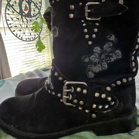 Frye Shoes - Frye Black Floral Heeled Boots with Studded Buckles